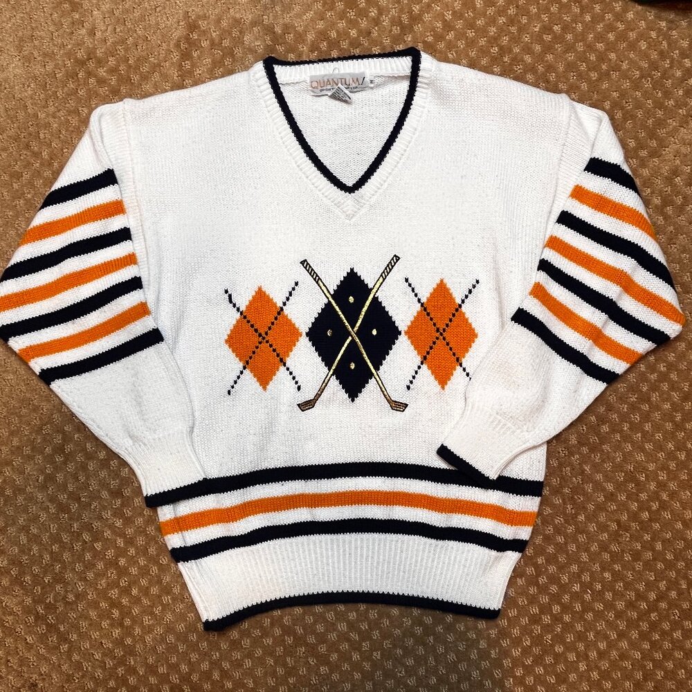 VTG Quantum 80s Golf Argyle V-Neck Sweater Preppy Country Club SZ M Old Money